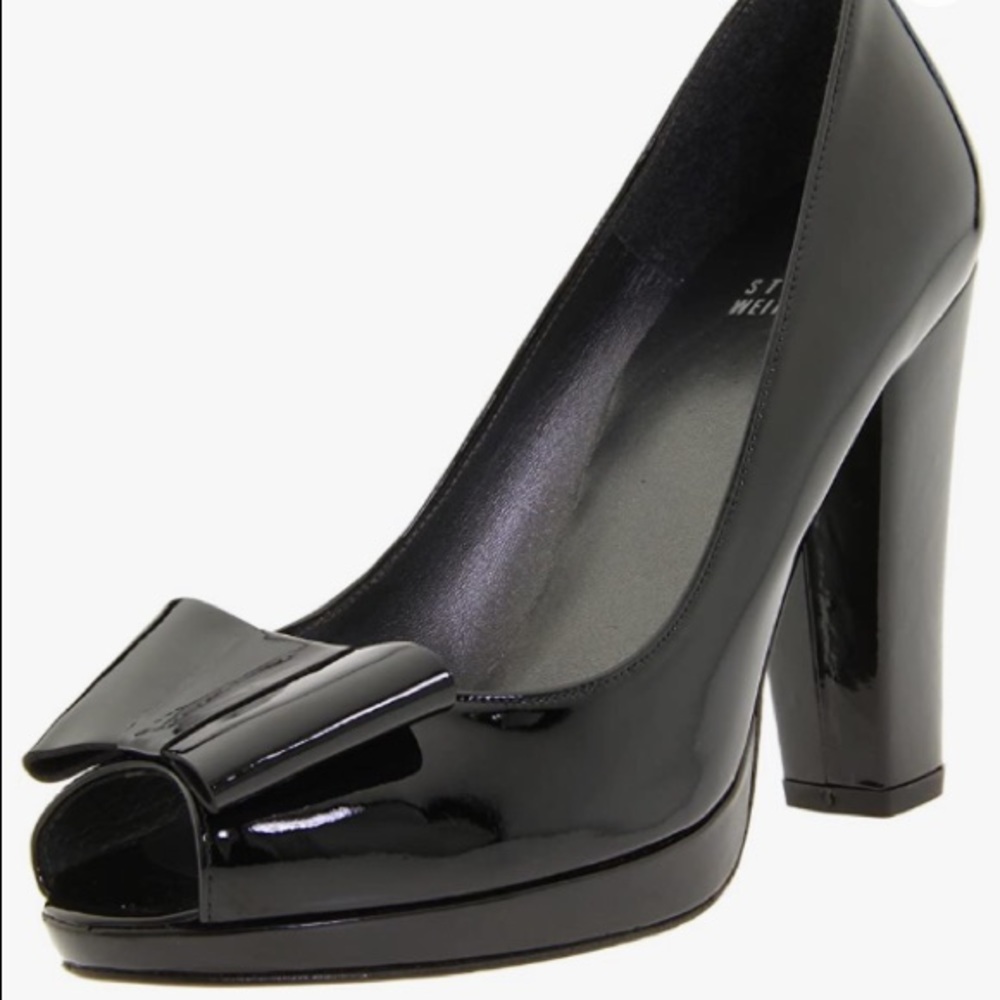 Stuart Weitzman Black Patent Leather Peep-Toe Bow Pumps
